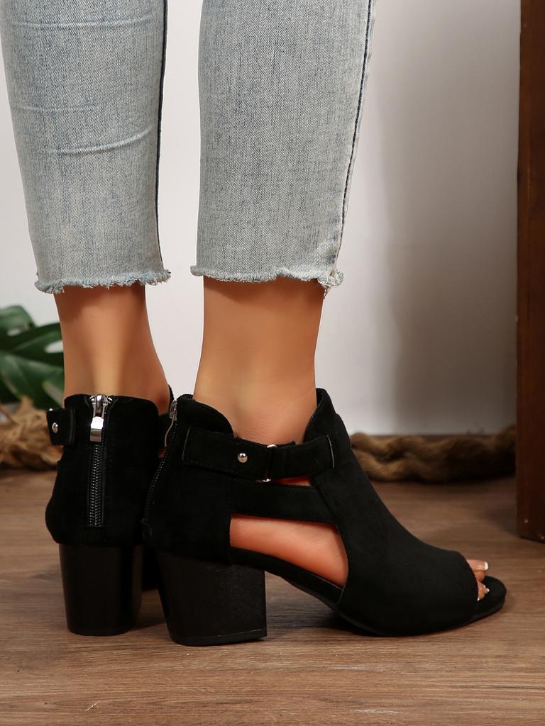 Fashion Women Sandals  Chunky High Heels Soild Gladiator Open Peep Toe Women Black Shoes Buckle Back Zipper Sandalias De Mujer