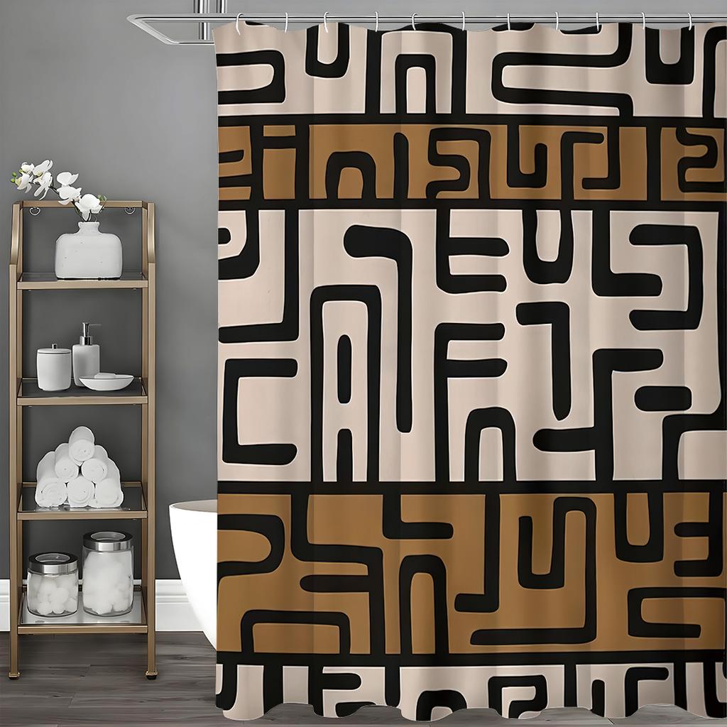 African Geometric Abstract Lines Vintage Kuba Ethnic Tribal Brown Shower Curtain, Bathroom Decorative Shower Curtain, Waterproof