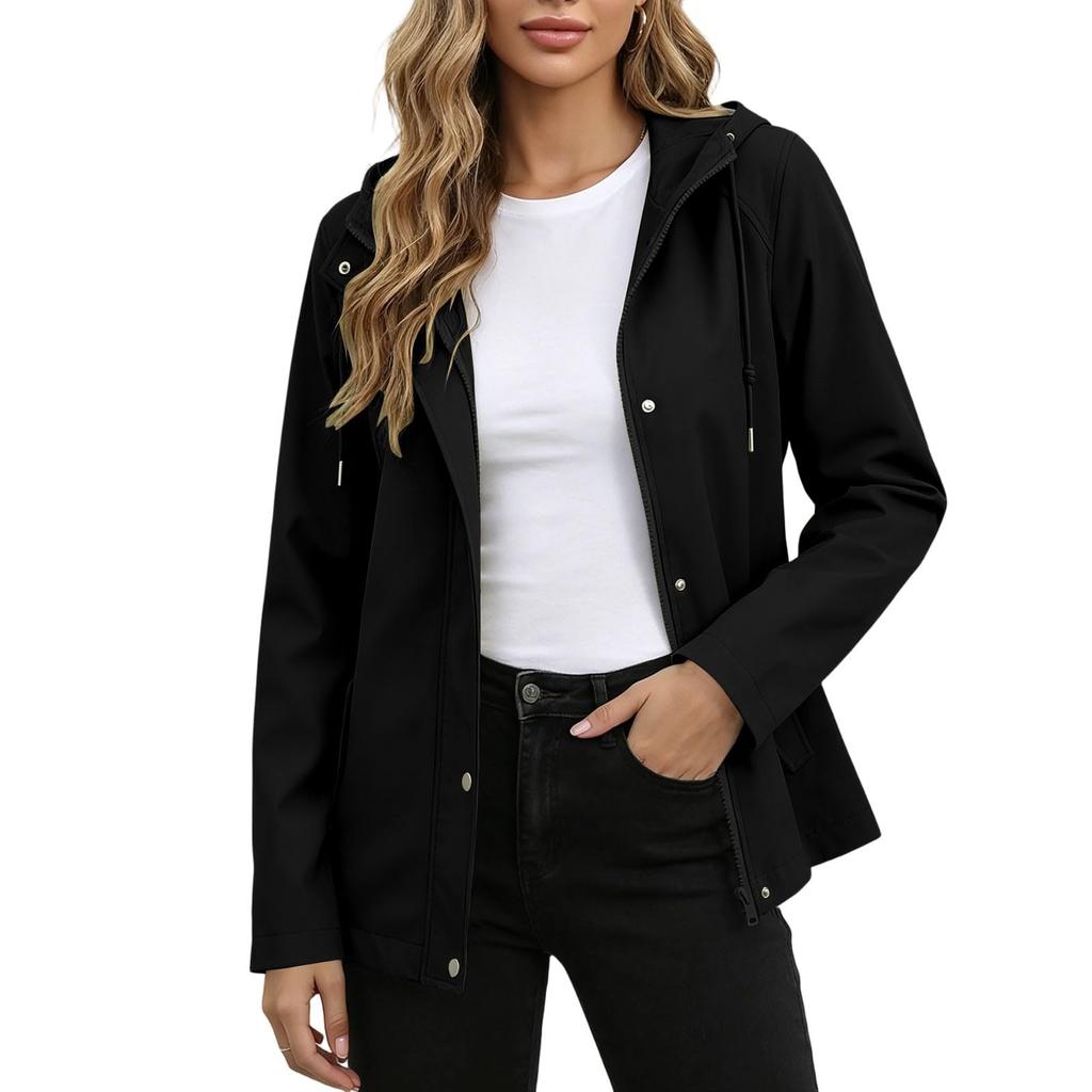 Wasserdichte Winddichte Kapuzenjacke für Damen mit durchgehendem Reißverschluss, Leichter atmungsaktiver Outdoor-Regenmantel, Shell mit verstellbarer Kapuze und Taschen