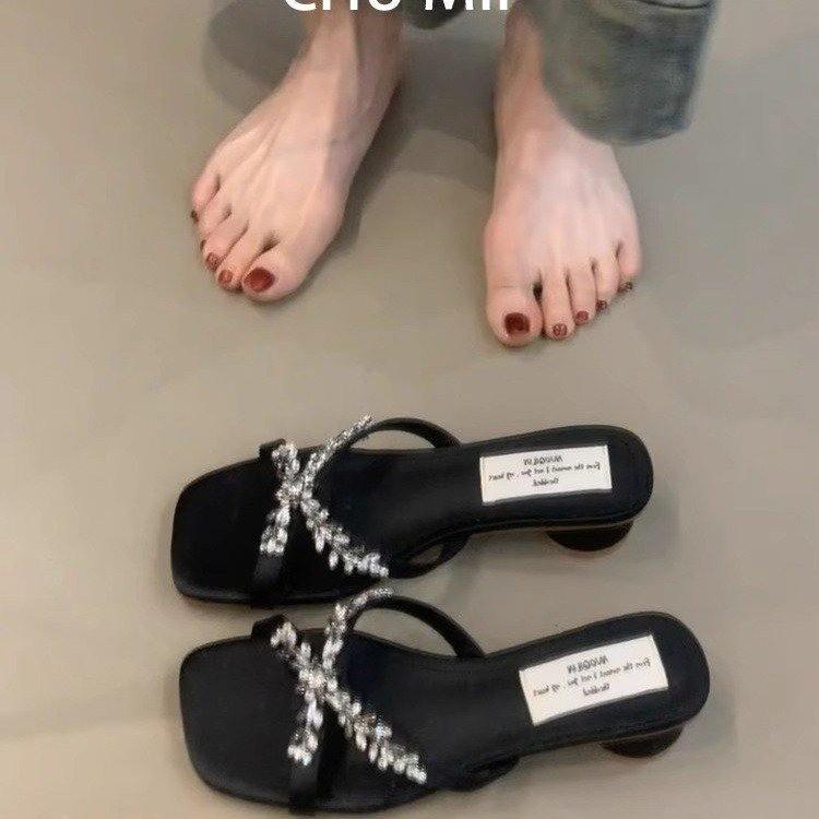 Square head medium heel shoes women's sandals summer new wear cross rhinestone slippers cool slippers