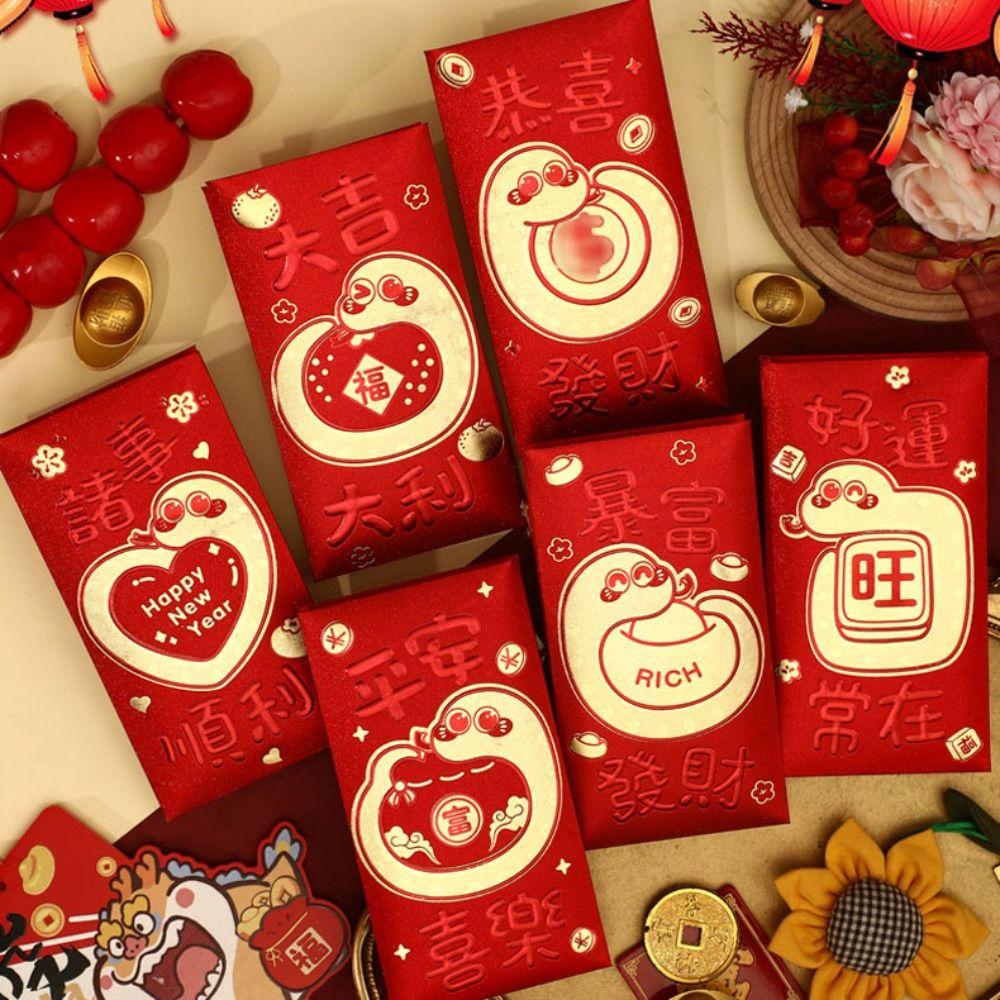 6pcs Blessings Printing Lucky Money Bag Solid HongBao Cartoon Red Packet Year of The Snake
