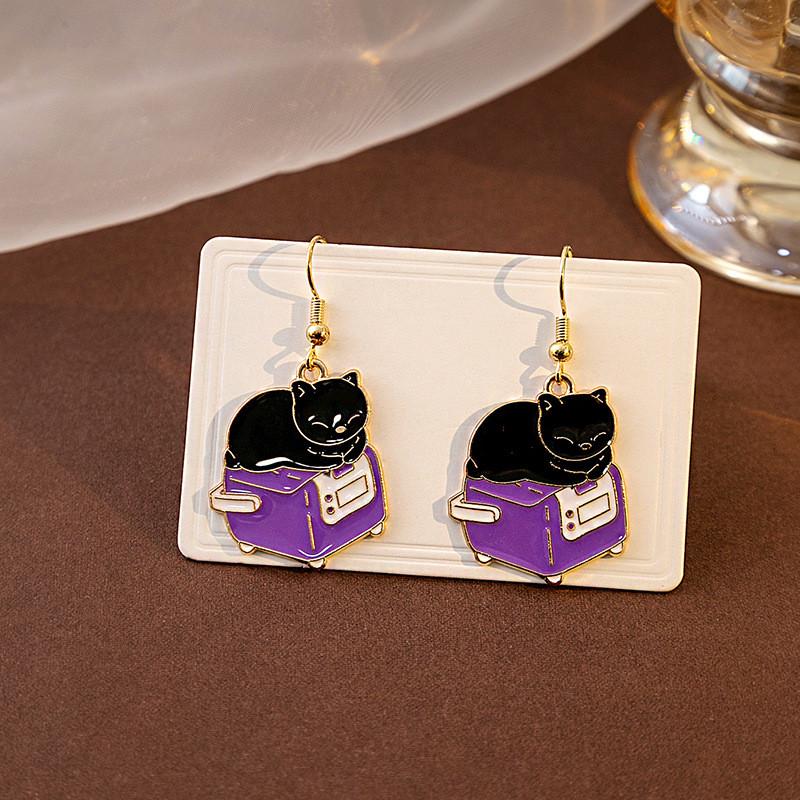 Cute Interest Cup Book Kitty Pendant Earrings Fashion Cartoon Enamel Cat Dangle Ear Jewelry Party Gifts For Women Girls