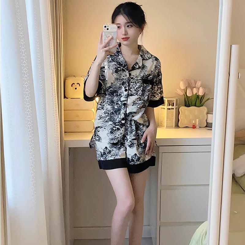 Ice Silk Pajamas Women'S Summer Short-Sleeved New Chinese Ink Painting High-End Lace Edge Thin Loungewear
