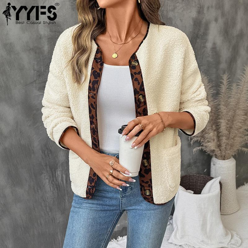 YYFS Women's Fashion Casual Leopard Print Autumn Winter Long Sleeve V-Neck Jackets & Coats
