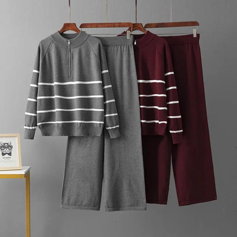 Half Zipper Sweater Pants with A Complete Set Fashion Set Stripe 2024 Autumn and Winter Western Style Loose Two-piece Set Women