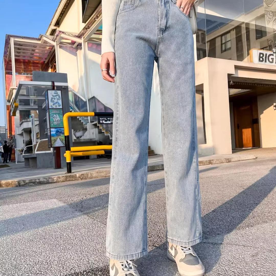 

Women s High Waist Blue Slim Fit Straight Leg Jeans - 2024 Trendy Wide Leg Flare Design Custom светло-синий