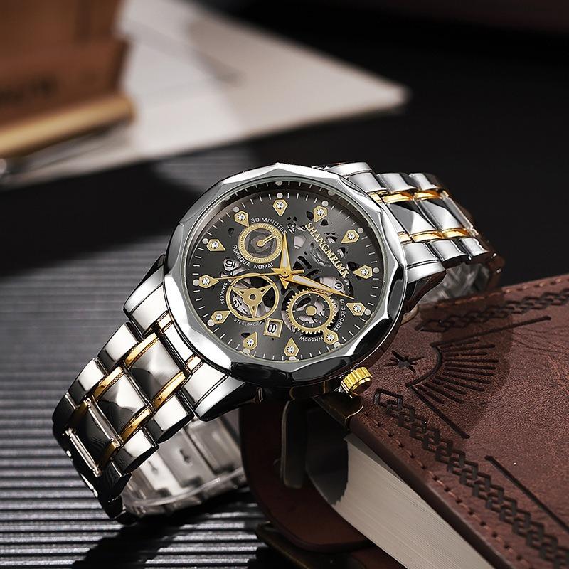 Brand trend fashion waterproof luminous business automatic quartz relief hollow men's watch