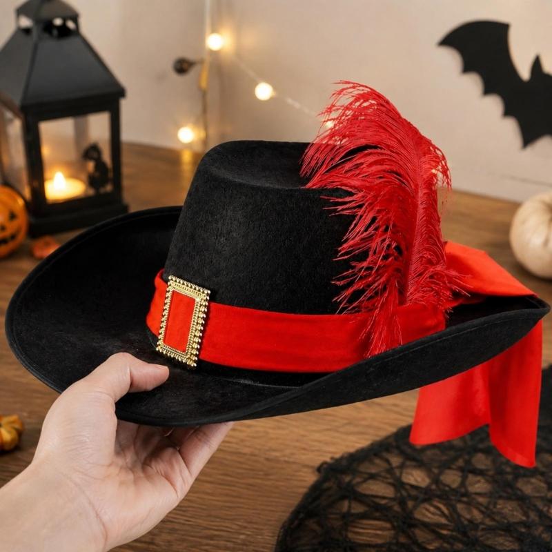 Feathered Musketeer Character Hat with Cloth Construction, Hatband and High Profile for Halloween Costume Parties