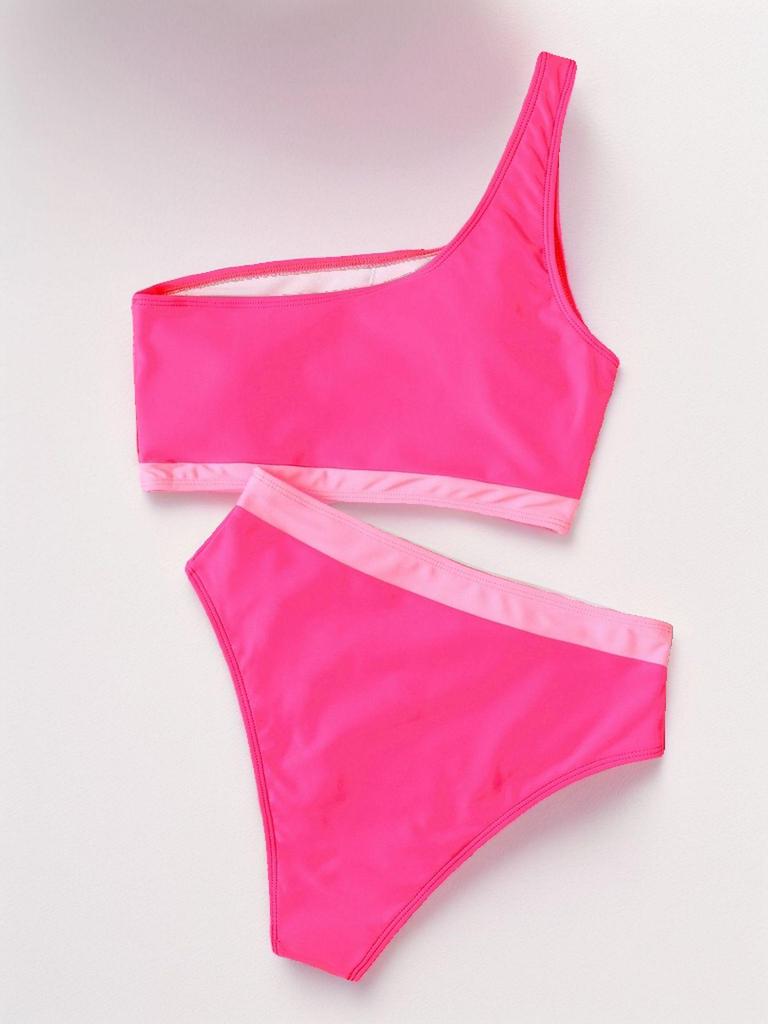 2024 European & American Color Block One-Shoulder High-Waist Bikini Swimwear