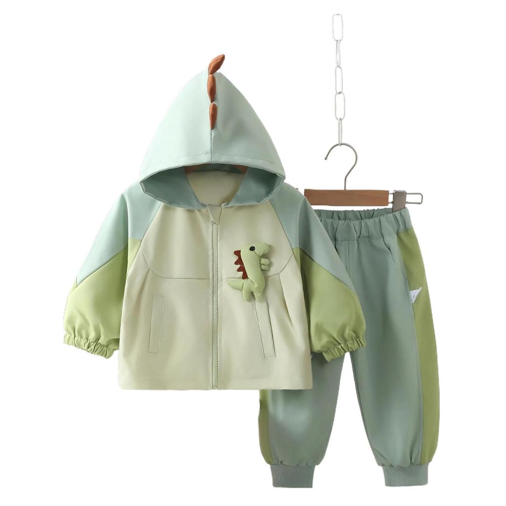Dino Hooded Fleece Set: Baby Boy Windbreaker Jacket & Romper for Spring/Autumn