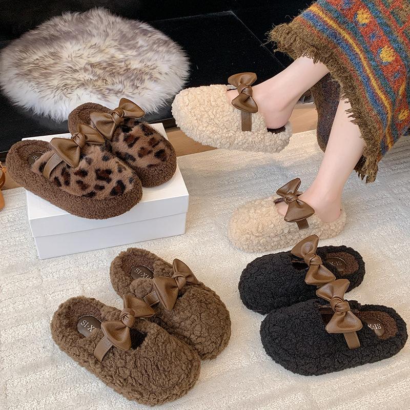 Bow Leopard Print Fluffy Shoes for Women's Outer Wear 2025 Autumn and Winter Sweet and Warm One-pedal Cotton Drag Velvet Bean Shoes
