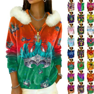 Women's Loose And Comfortable Casual Fashion Half-Zip Hooded Long Sleeve Carnival Print Top