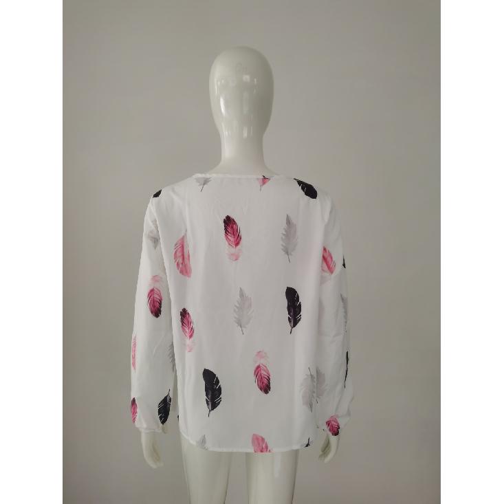 2026 Spring New V-neck Feather Print Long Sleeve Loose T-shirt for Women