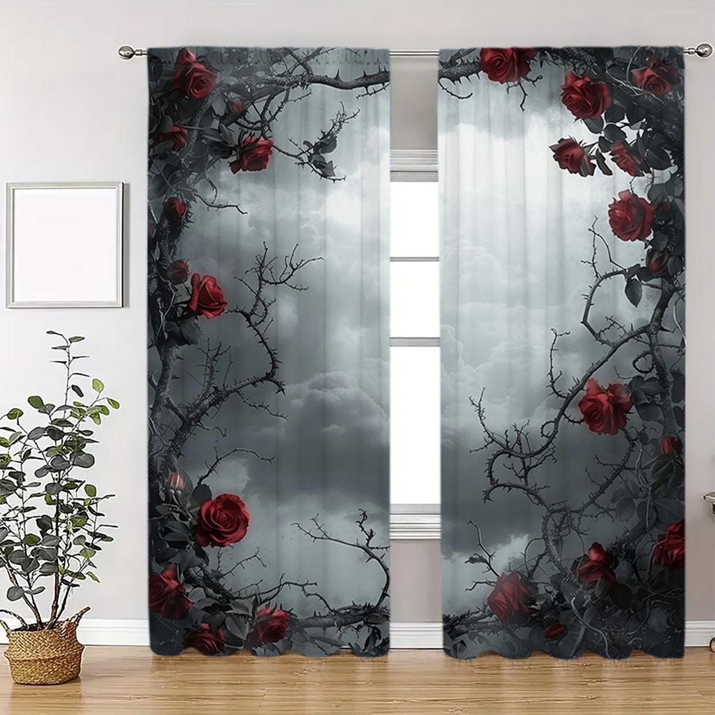 2pcs Gothic Roses Surround the Sky Printed Curtain for Home Decor - Rod Pocket Window Treatment for Bedroom   Office   Kitchen