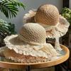 Lace Side Foldable Straw Hat Female Summer Hand-woven Hollow Bow Sun Hat Sunscreen Sunshade Beach Hat