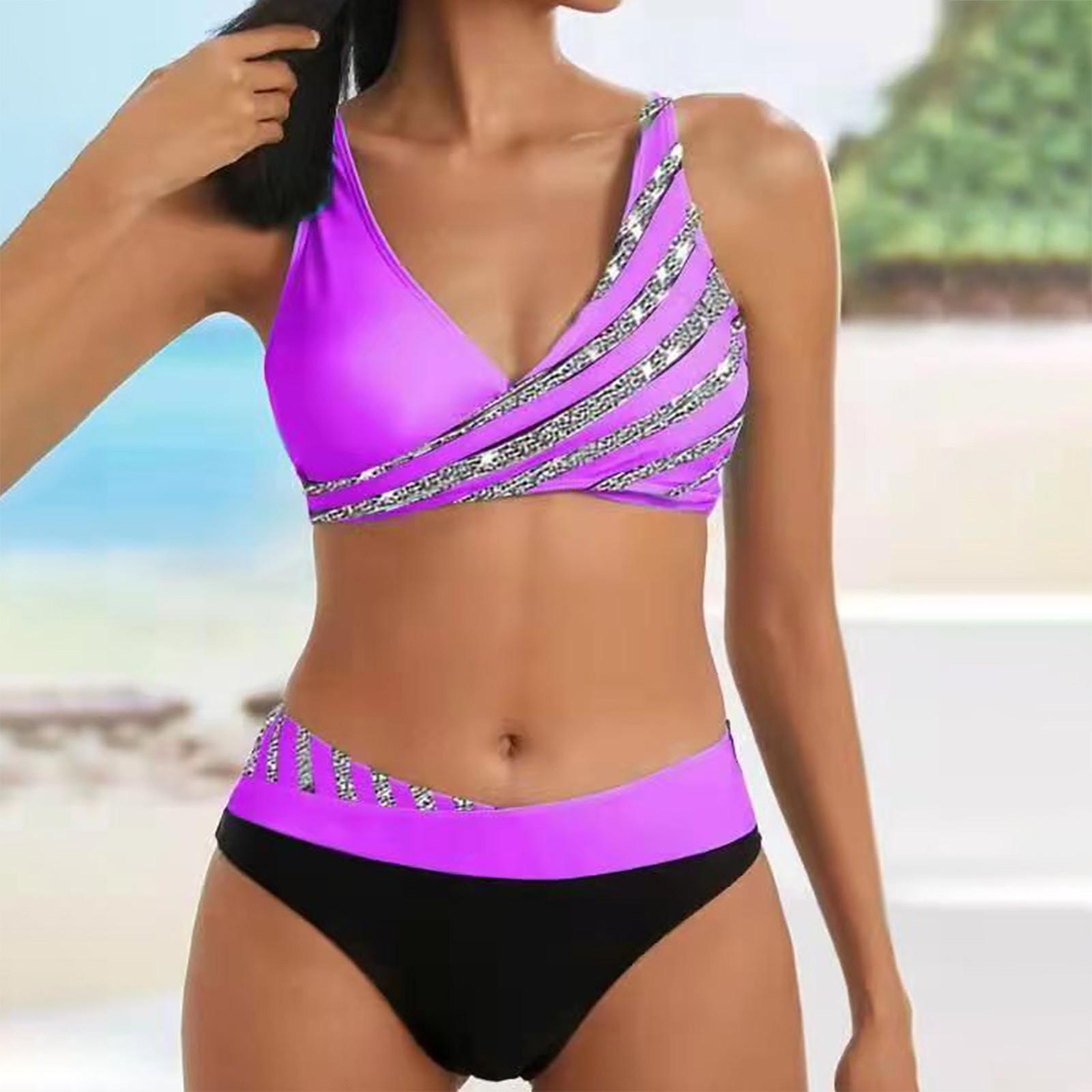 

Женский раздельный купальник с -штампованным бикини, сексуальный, с подушечками для бюста и без косточек, купальный костюм M фиолетовый