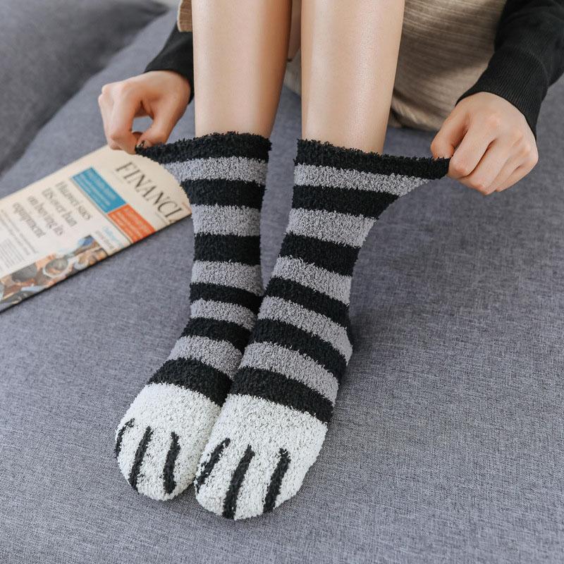 College Style Thicken Coral Fleece Cat Paw Calf Socks For Women Autumn Winter Warm Long Tube Socks Home Sleeping Floor Socks
