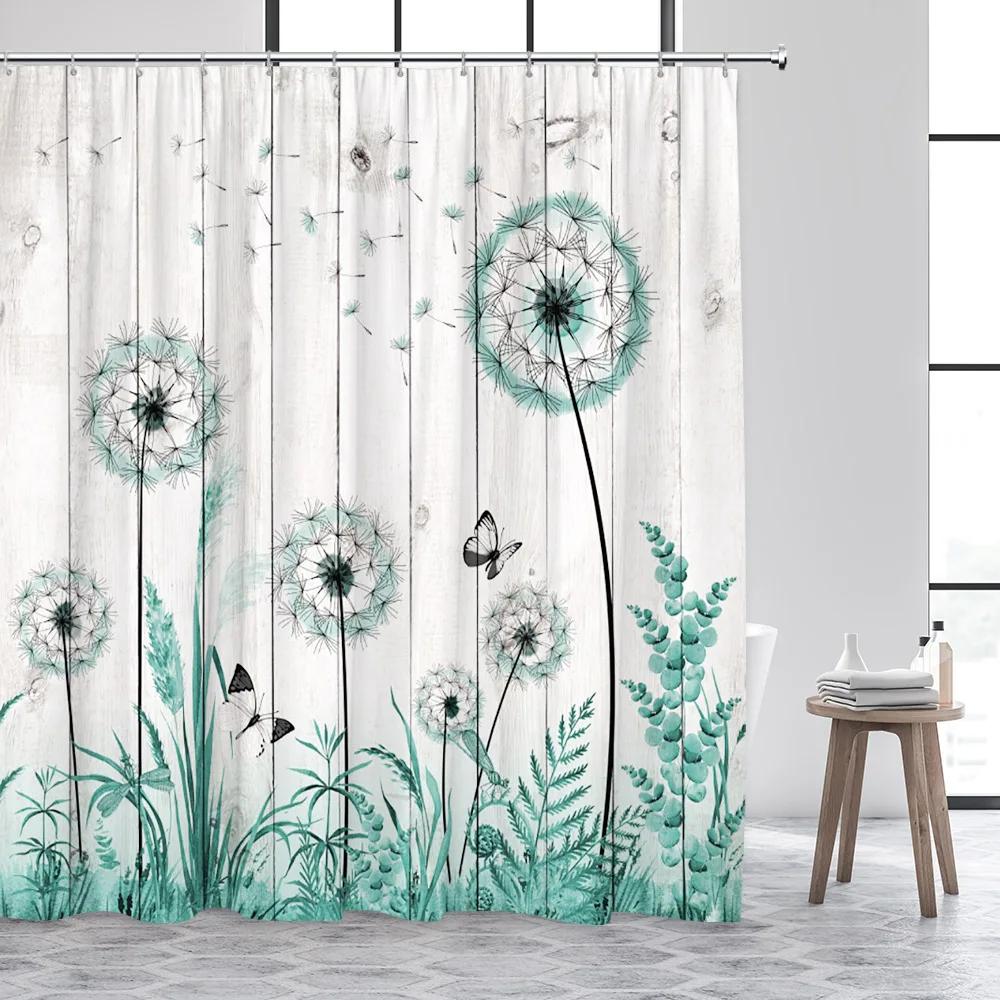 Dandelion Shower Curtain Watercolor Floral Farm Rustic Butterfly Plank Plant Polyester Fabric Bathroom Decor Curtain Washable