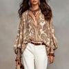 Top Blusa da Donna in Chiffon Stampato a Manica Lunga con Scollo a V per Uso Casual