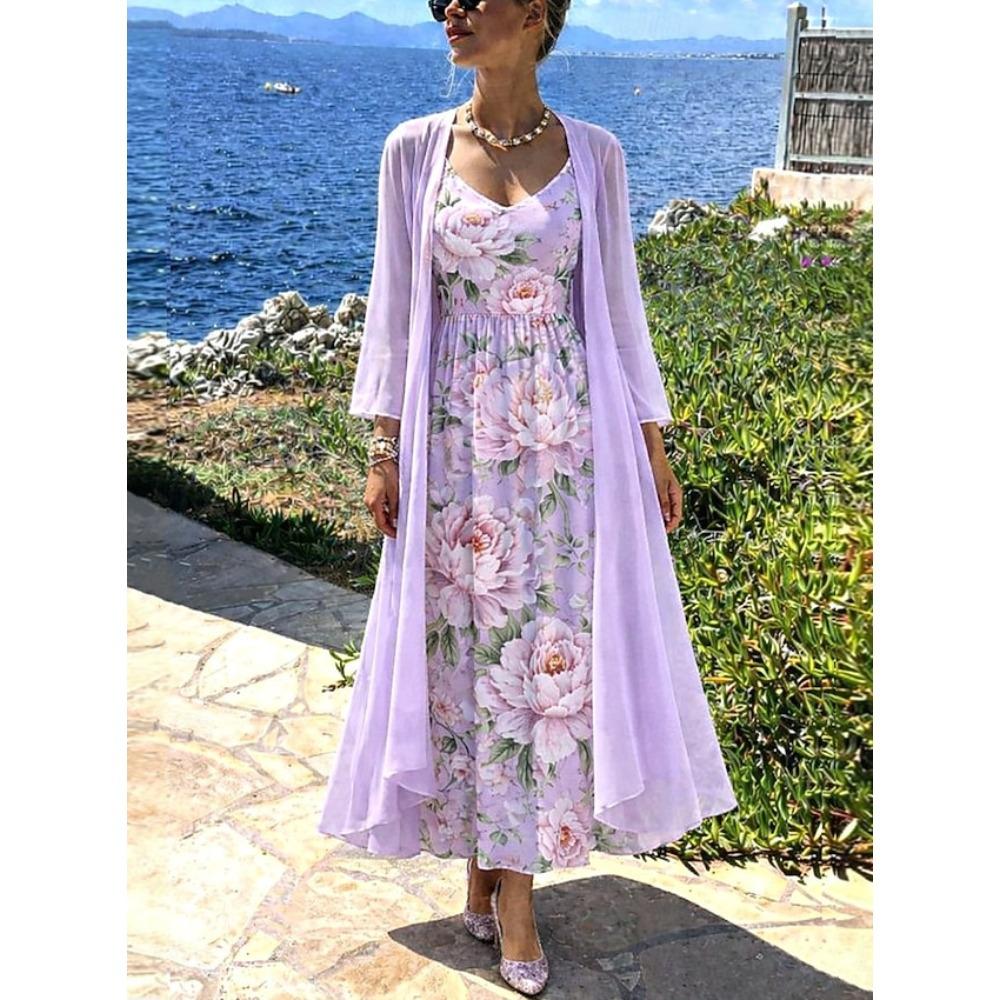 Women's V Neck Floral Print Maxi Dress Two Piece 3/4 Sleeve Chiffon Cardigan Elegant Casual Sundress Outfit Set