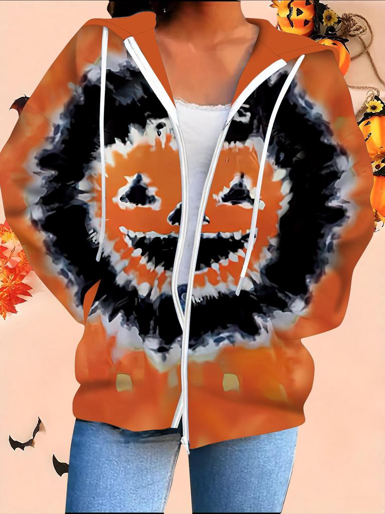 Halloween 3D Printed Hooded Cardigan Plus Size Autumn Winter Retro