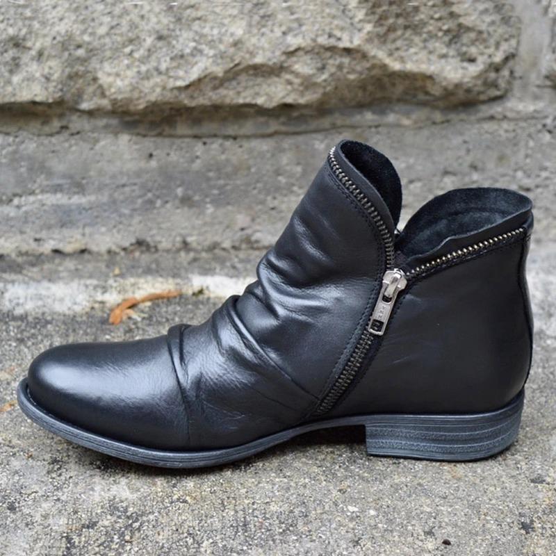 Women's round head artificial mouth women's leather boots side zipper Martin boots warm women's shoes