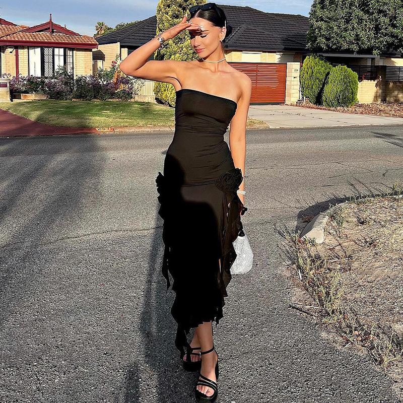 Women Club Party Frill Hem Sleeveless Slit Solid Fringe Sexy Strapless Backless Midi Dress