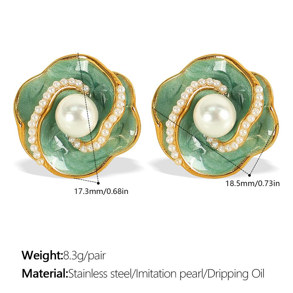 Retro Hong Kong Style Oil Drip Flower Stud Earrings Stainless Steel Gold Plated Simple Small Fashion Pearl Earrings Women