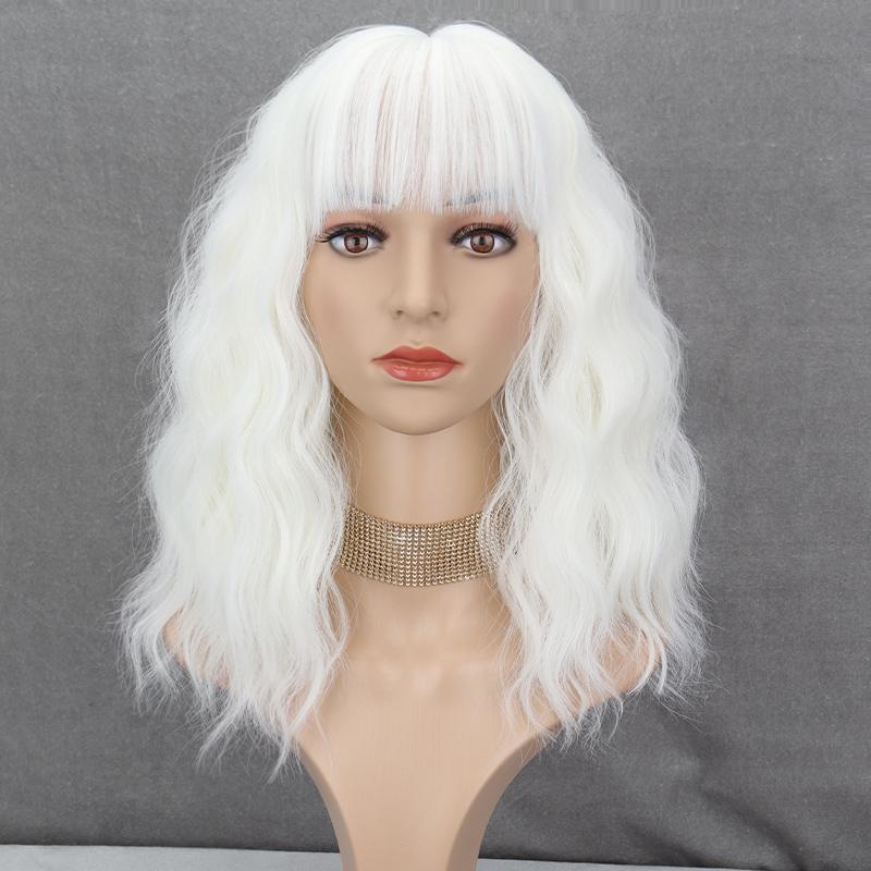 XINRAN Women Fashion Light Purple Shoulder Length Natural Wavy Wig with Bangs Synthetic Fiber Short Wavy Wig Cosplay Daily Wear