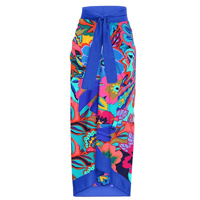 

Юбка миди с принтом в стиле отпуска и завязками - европейская и американская мода One Size синий