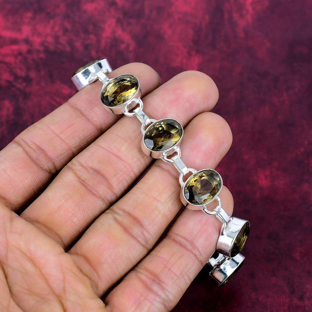 Røykfarget topas 925 solid sterlingsølvarmbånd, Håndlaget edelstensarmbåndssmykke, Gaver til kone Helt nytt armbånd