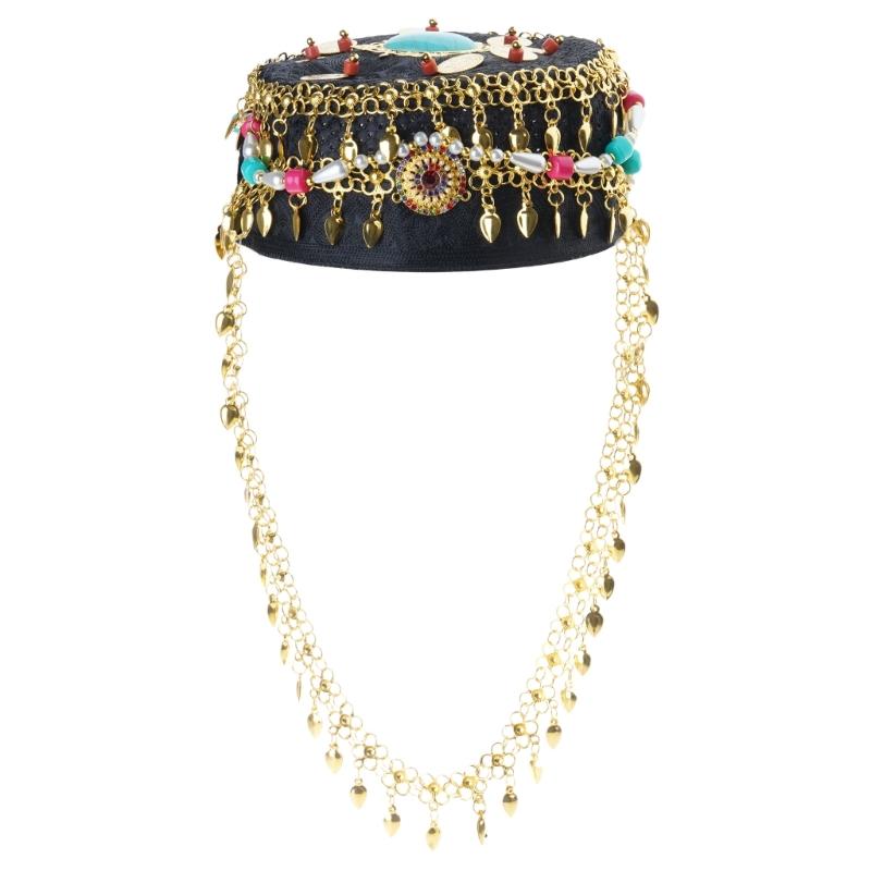 

Бирюзовая шляпа с драгоценными камнями, украшенная стразами и ниспадающими золотыми кисточками, бирюза и стразы для женщин золотой