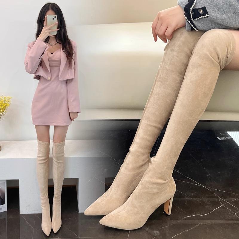 Pointed Over Knee Boots Khaki Suede Socks Boots 2025 All-in-One Boots Ultra High Heel Nude Boots Elastic Boots