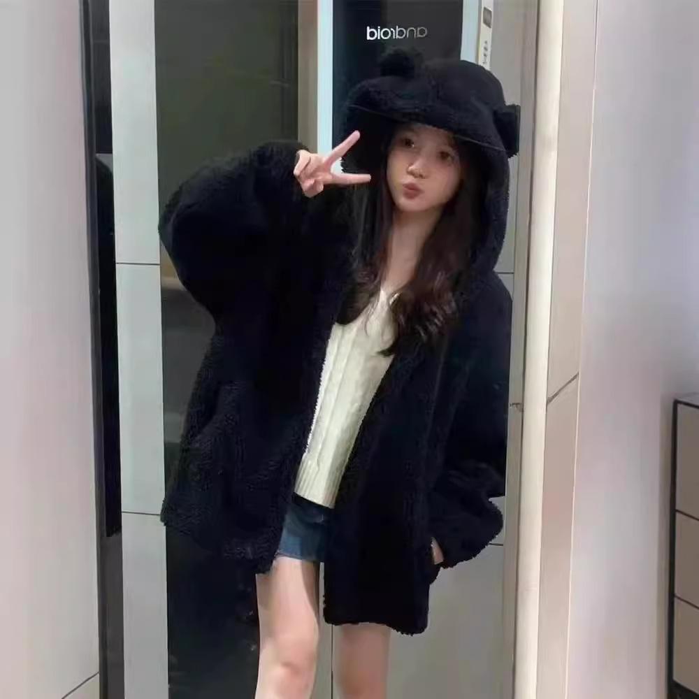Lamb Wool Bear Ear Hooded Sweatshirt Jacket Women Autumn Winter Thick Plush Coat