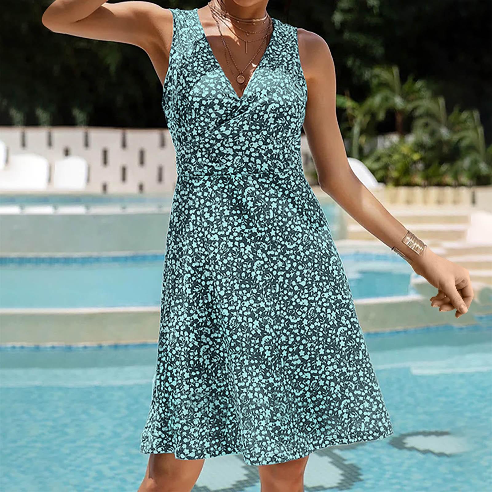 

Ladies Sexy V-neck Mid-waist Floral Lace-up Sleeveless Vest And Swing Dress XL