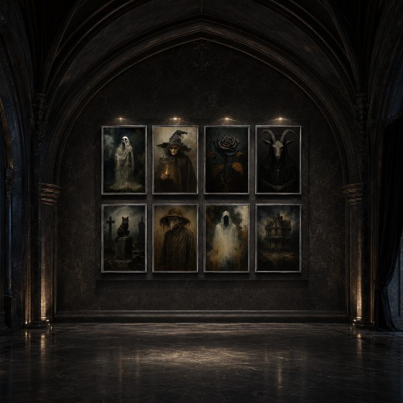 Dark Gothic Halloween Canvas Gallery Wall Print Witch Ghost Doctor Goat Skull Wall Art Vintage Moody Spooky Home Decor Gift