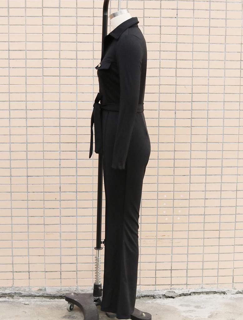 2025 Autumn/Winter Long-Sleeve Shirt Collar Jumpsuit with Mid-Waist Long Pants