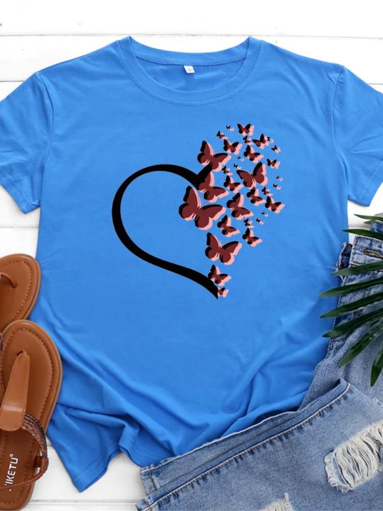 Heart Butterfly Print T Shirt Women Short Sleeve O Neck Loose Tshirt Summer Women Tee Shirt Tops Camisetas Mujer