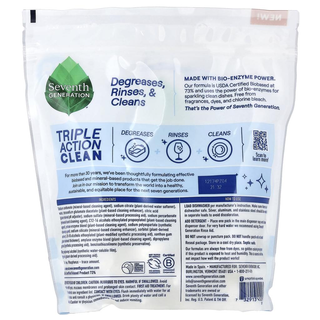 Seventh Generation, Dishwasher Detergent Pack, Free & Clear, 36 Pack, 604g (21.3oz)
