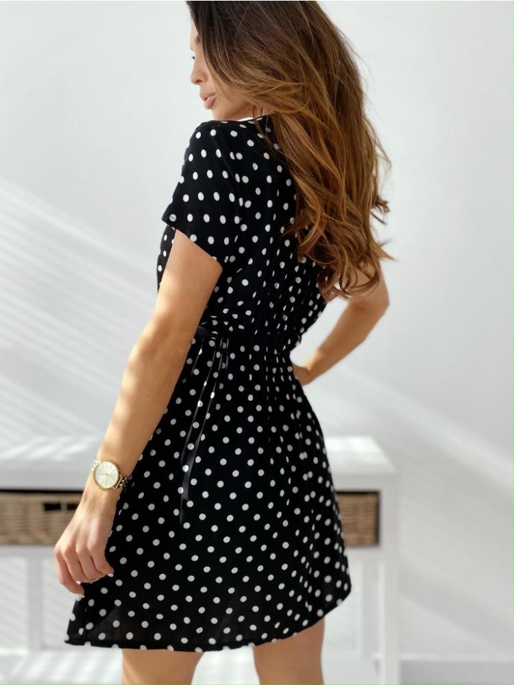 Sexy Deep V Retro Polka Dot Short Sleeve Dress Tie Waist A Line Short Dress Comfortable Lightweight Slimming Flattering Fit
