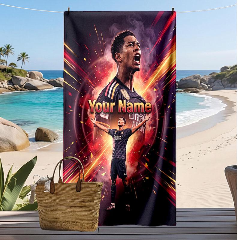 Jude Bellingham Personalized Printed Beach Towel Soccer Logo Support Custom Name Text Absorbent Towel For Sport Travel Special Gift