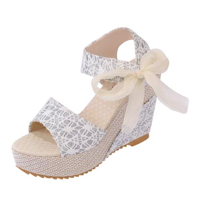 Slope Heel Lace Bow Sandals Cute Sandals Women's Singles Shoes Women's Shoes Spring and Summer New Fish Mouth Beach