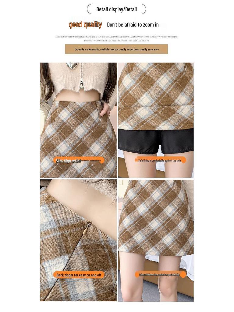 Women's Red Plaid Wool Midi Skirt: Spring Autumn Winter 2024, Slimming High Waist, A-line Bodycon Mini