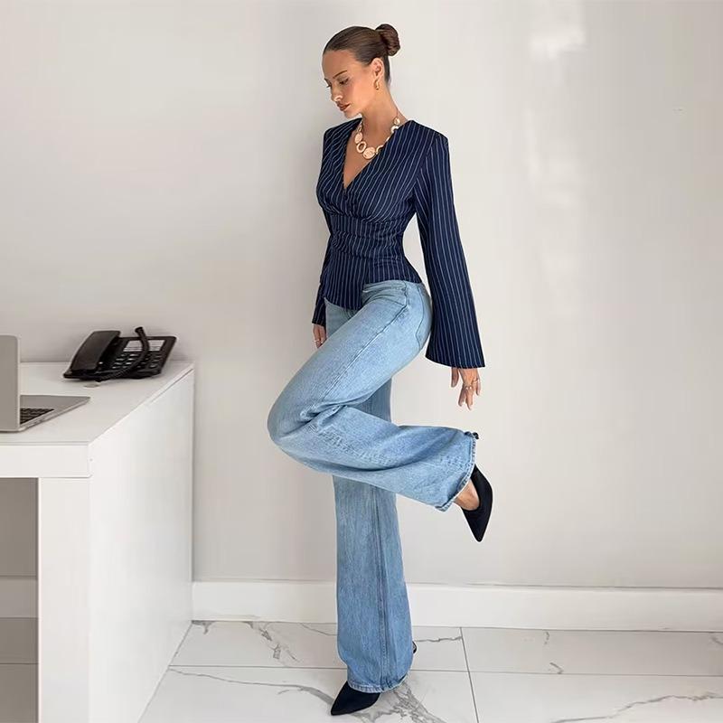 Women S Fashion Long Sleeve V Neck Striped Slim Fit Shirt