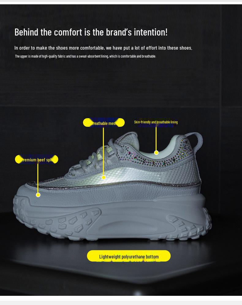Breathable Mesh Rhinestone Thick-Soled White Dad Sneakers for Women