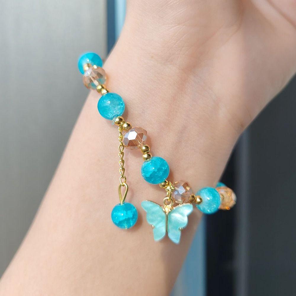 Sweet Glass Beads Bracelet With Butterfly Pendant Korean Style Bracelet Women Bangle  Female