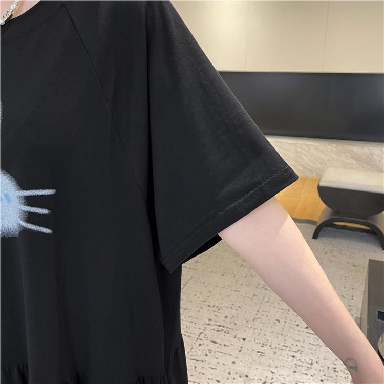 DIMANAF 2025 Sommer Übergröße Kleid Damen Lässig Vintage Druckkleid Basic Locker Lang Kurzarmkleid Baumwolle