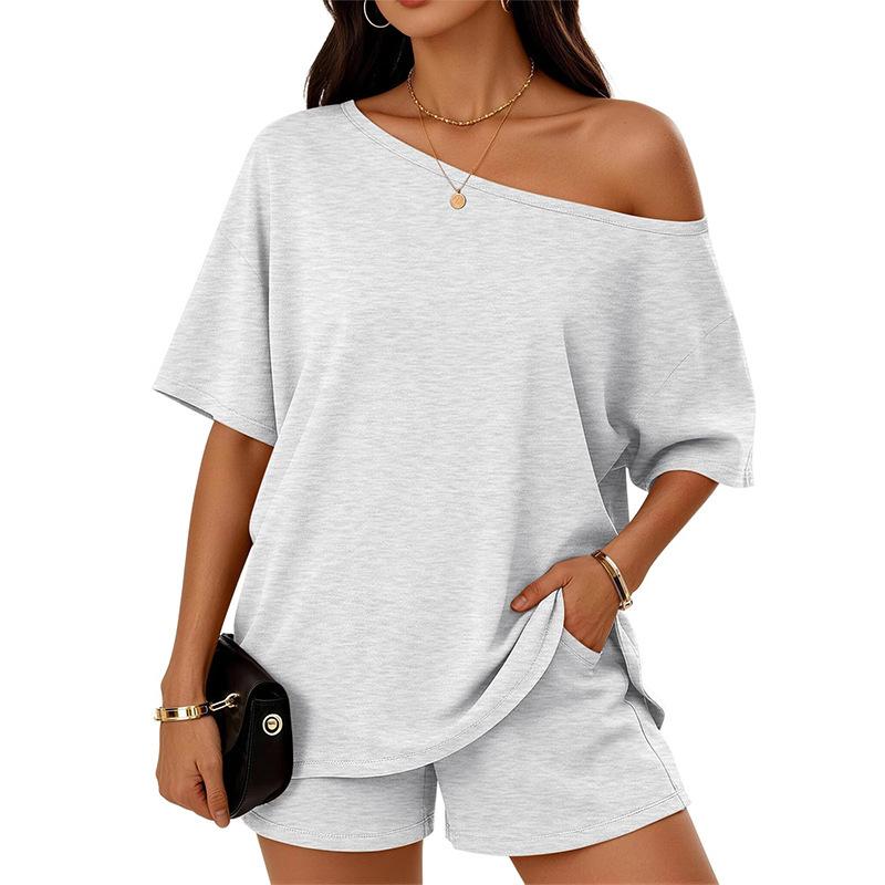 Women's Two Piece Outfits Off Shoulder Loose and Shorts Set with Pockets