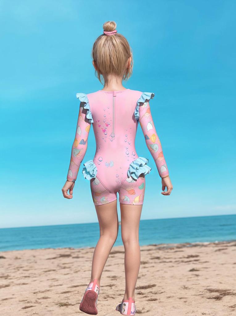 Costume da bagno intero a maniche lunghe con volant per bambina, con slip, certificato CPC per bambini