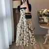 Elegant French Style Spliced Square Collar Female Vintage Printed A-Line Waist Summer Fashion Puff Sleeve Midi Dress New